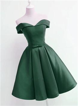 Picture of Dark Green Satin Off Shoulder Short Prom Dresses, Green Homecoming Dress